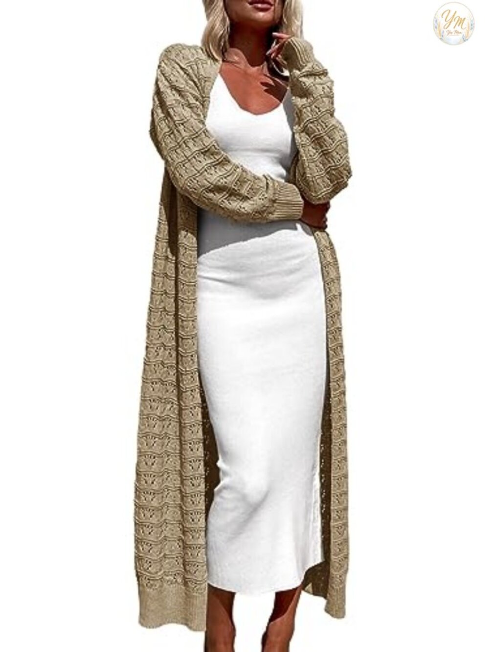 Crochet Maxi Cardigan Open Front Knit Long Sleeve Lightweight Duster Sweater